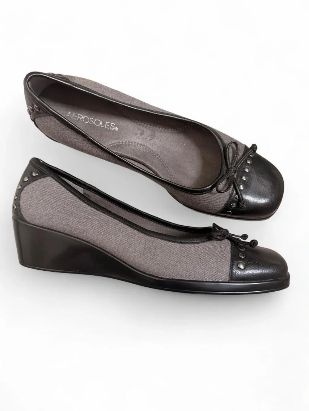 AEROSOLES Gray and Black Wedge Flats with Stud Detail